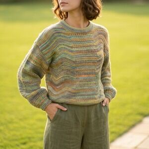 Women Green Multi Space Dye Wavy Knit Balloon Sleeve Sweater Sm Cottagecore Cory